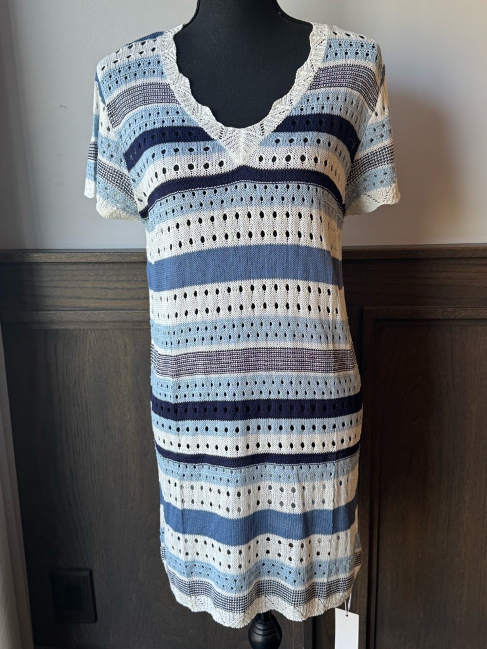 Women’s Blue & White Striped Knit Swim Coverup - Picture 1 of 6